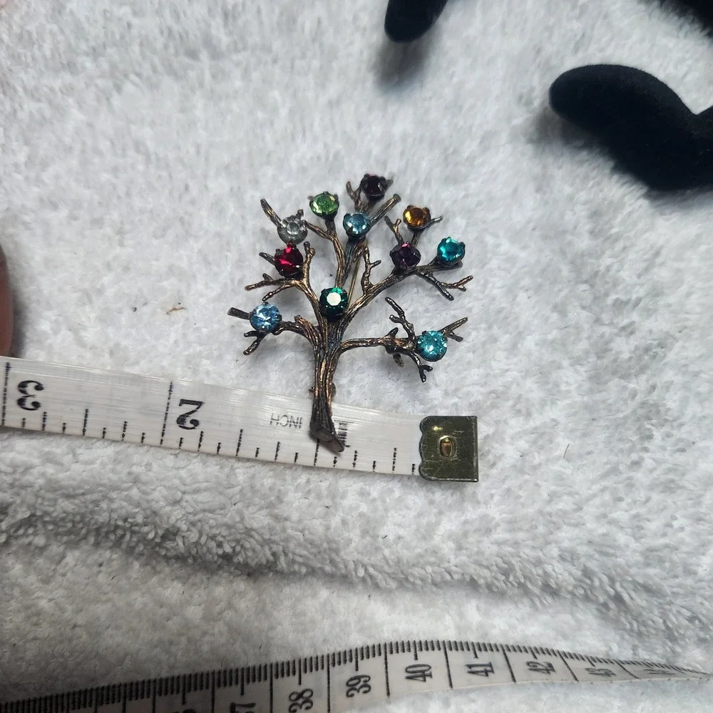 Vintage Sterling Silver Tree of Life Brooch Multi Color Rhinestone Pin‎
